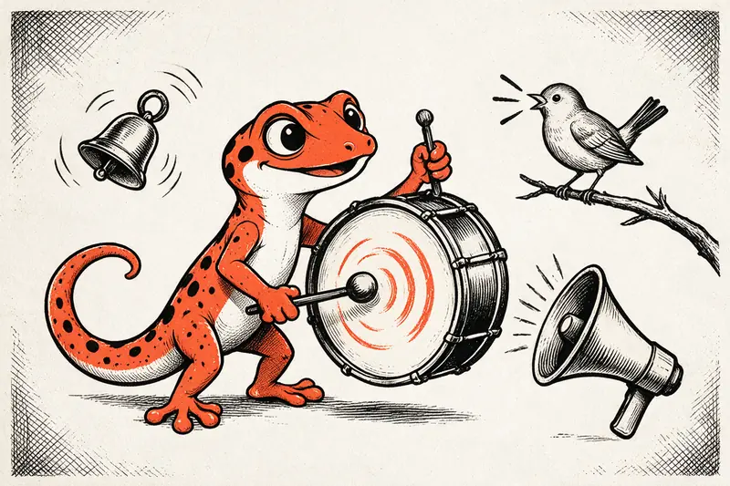Le Gecko frappe un tambour dont partent des ondes orange, autour d'une cloche, d'un oiseau qui chante et d'un mégaphone, dessin à l'encre noire et orange sur papier ivoire.
