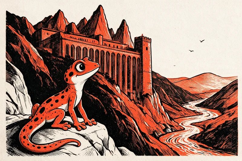 Le Gecko assis sur un rocher regarde un monastère aux longues arcades accroché à une montagne escarpée, avec des sommets dentelés et une rivière en contrebas, dessinés à l'encre noire et orange.