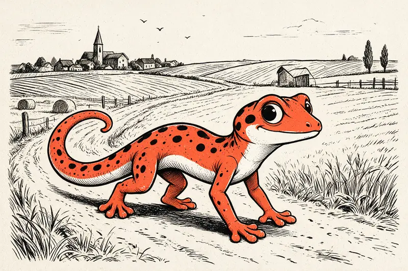 Le Gecko marche sur un chemin de campagne entre champs labourés, bottes de foin et clôtures, avec un village au clocher à l’horizon, dessiné à l’encre noire et orange.