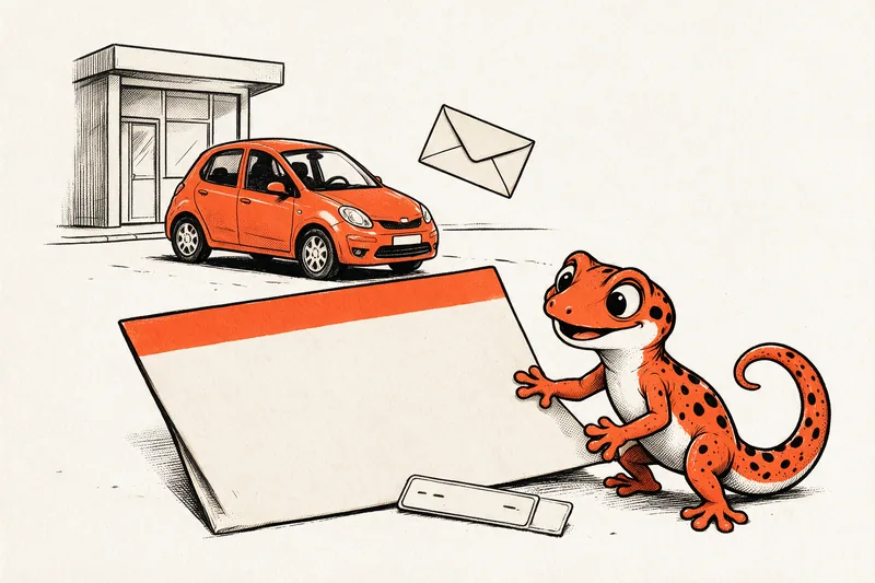 Le Gecko vérifie un certificat d’immatriculation près d’un véhicule orange et d’une plaque d’immatriculation, dessinés à l’encre noire et orange.