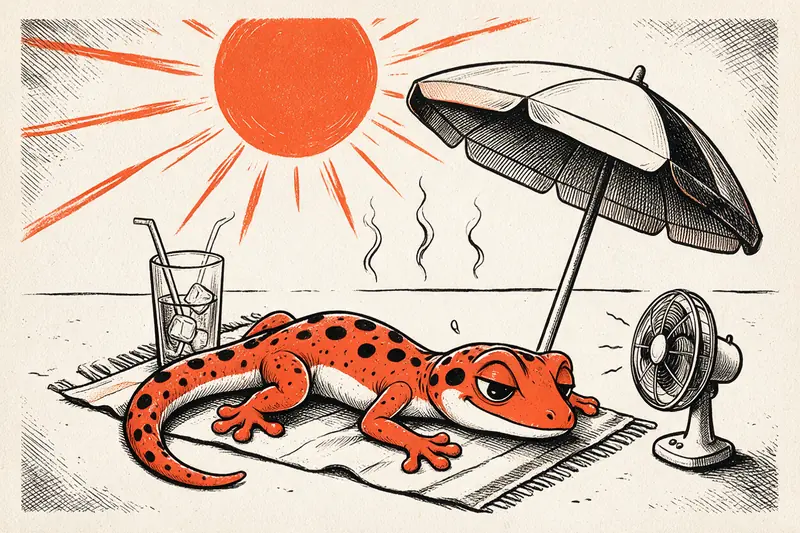 Le Gecko somnole sur une serviette sous un parasol face à un grand soleil orange, avec un verre glacé et un ventilateur, dessinés à l’encre noire et orange.