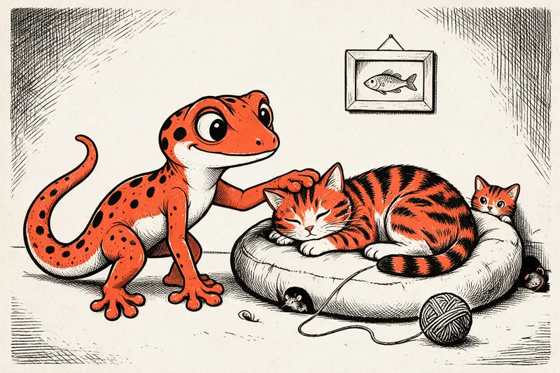 Le Gecko caresse un chat tigré enroulé sur un coussin, un chaton derrière, une pelote de laine et une souris à côté, dessinés à l’encre noire et orange.