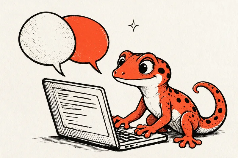 Le gecko tape sur un ordinateur portable dessiné, deux bulles de dialogue flottent au-dessus de l’écran, illustration à l’encre noire et orange.