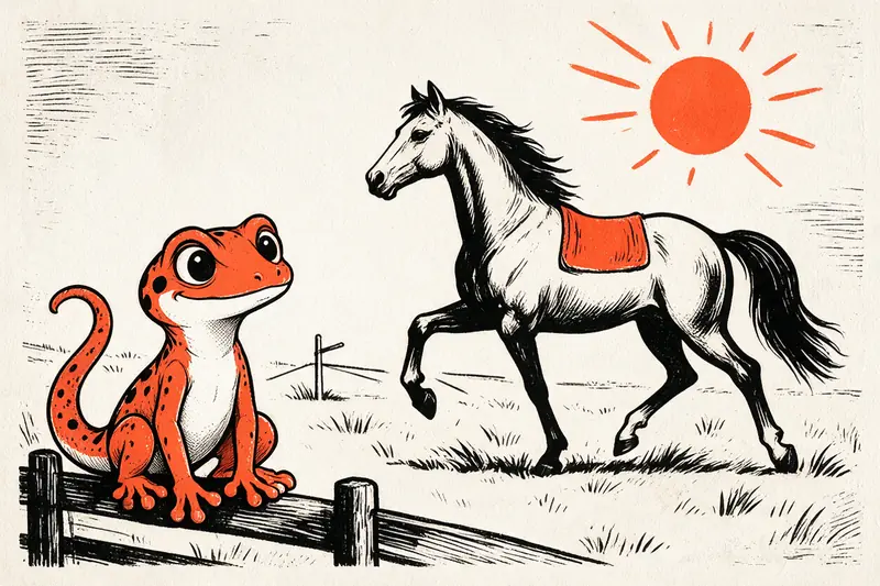 Le Gecko assis sur une barrière de paddock regarde un cheval au trot dans un pré, dessinés à l’encre noire et orange.