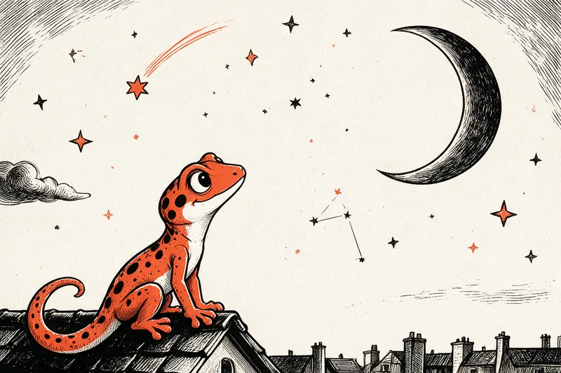 Le Gecko assis sur un toit observe la lune, les étoiles, une étoile filante et une constellation, dessinés à l’encre noire et orange.