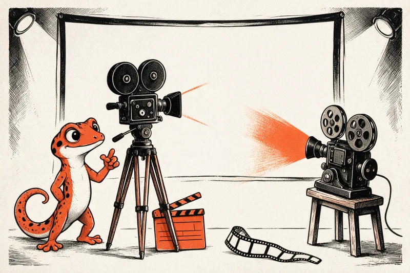 Le Gecko tient la rampe devant une caméra de cinéma sur trépied, un clap orange et une pellicule déroulée au sol, face à un projecteur qui éclaire un écran blanc, dessin à l’encre noire et orange sur papier ivoire.