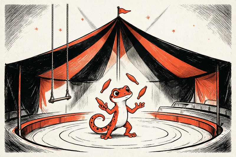 Le Gecko jongle avec trois massues au centre de la piste d’un cirque, sous le grand chapiteau rayé noir et orange, près d’un trapèze suspendu, dessin à l’encre noir et orange.