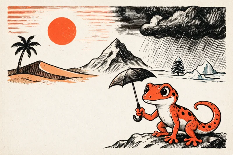 Le Gecko abrite un parapluie face aux climats du monde : soleil et palmier d’un côté, pluie et banquise de l’autre, dessinés à l’encre noire et orange.