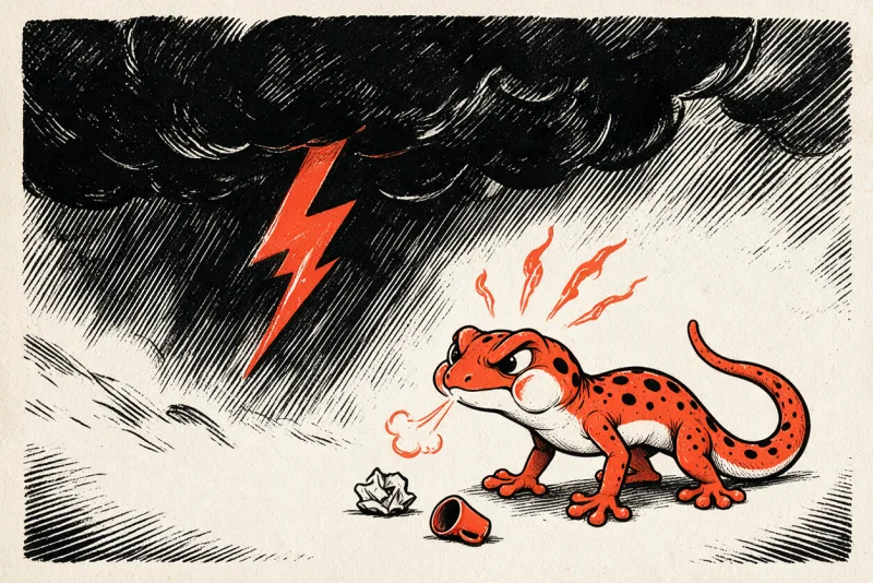 Le gecko orange tacheté, sourcils froncés et joue gonflée, souffle un jet de vapeur orange sous un nuage d’orage noir strié d’un éclair orange, dessin à l’encre noire et orange sur papier ivoire.