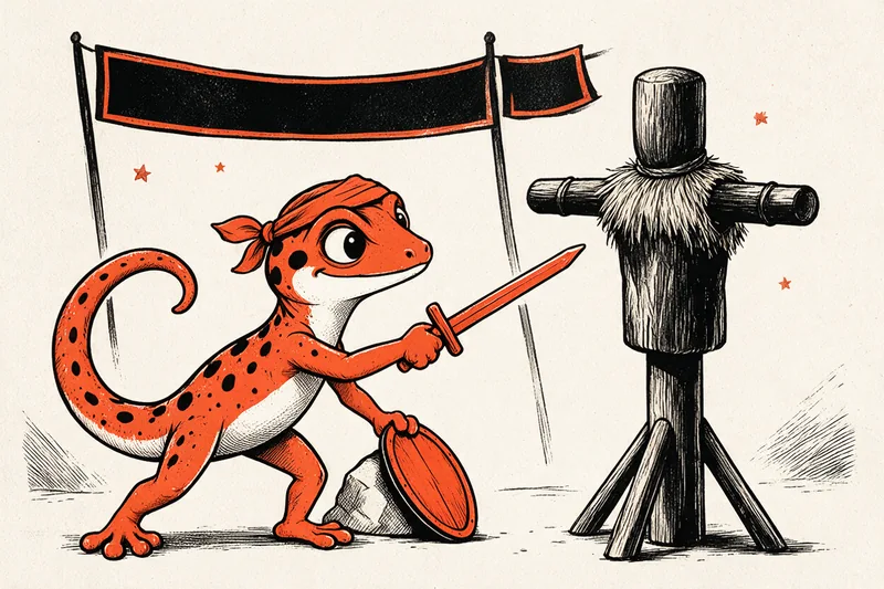 Le Gecko, un bandana orange noué sur la tête, brandit une épée orange face à un mannequin d'entraînement en bois, un bouclier rond posé contre un rocher à ses pieds, deux bannières noires et orange plantées derrière lui, dessin à l'encre noir et orange.