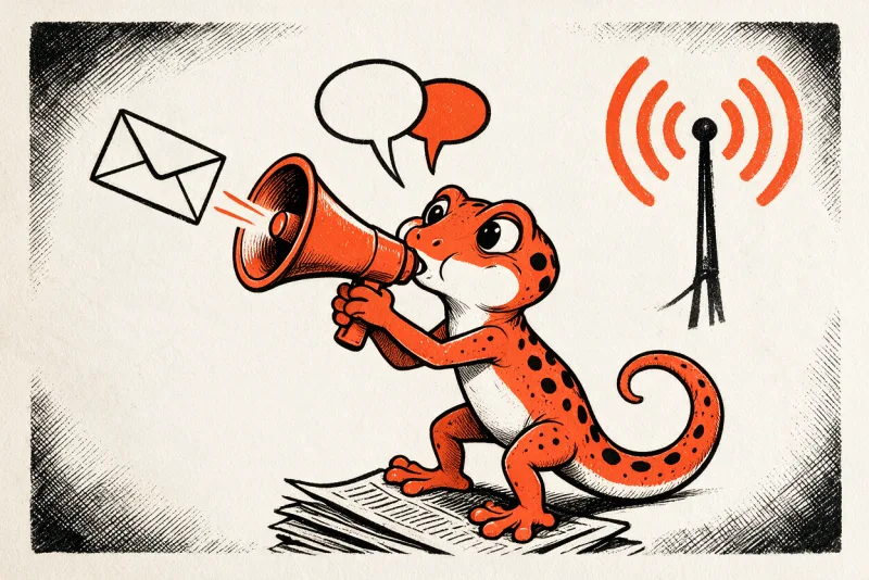 Le Gecko juché sur une pile de journaux crie dans un mégaphone orange, entouré de bulles de dialogue, d’une enveloppe qui s’envole et d’une antenne émettrice, dessinés à l’encre noire et orange.
