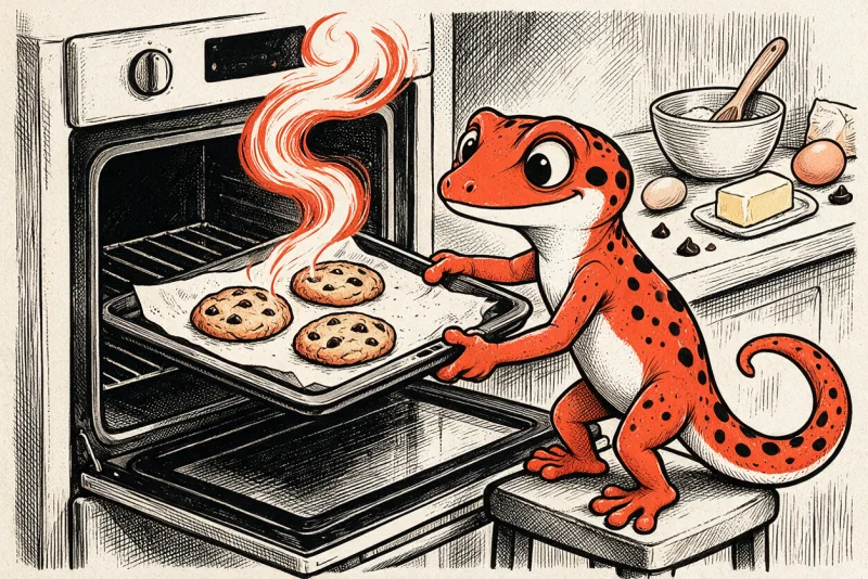 Le Gecko, debout sur un tabouret, sort du four une plaque de cookies aux pépites de chocolat posée sur papier sulfurisé, une vapeur orange s’en dégage ; sur le plan de travail attendent un bol, un œuf, du beurre et des pépites de chocolat. Illustration à l’encre noire et orange.