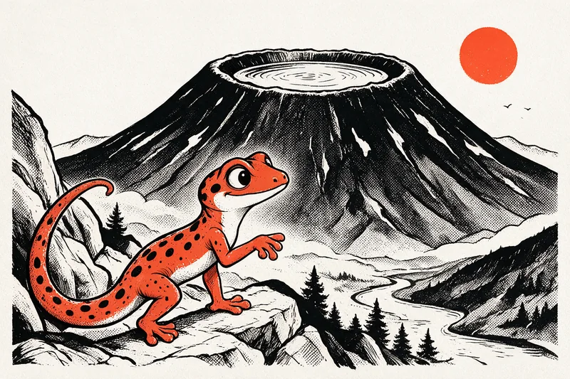 Le Gecko gravit un sentier rocheux devant un large volcan dont le cratère contient un lac, avec des conifères, une rivière qui serpente dans la vallée, un soleil orange et deux oiseaux, dessiné à l'encre noire et orange.