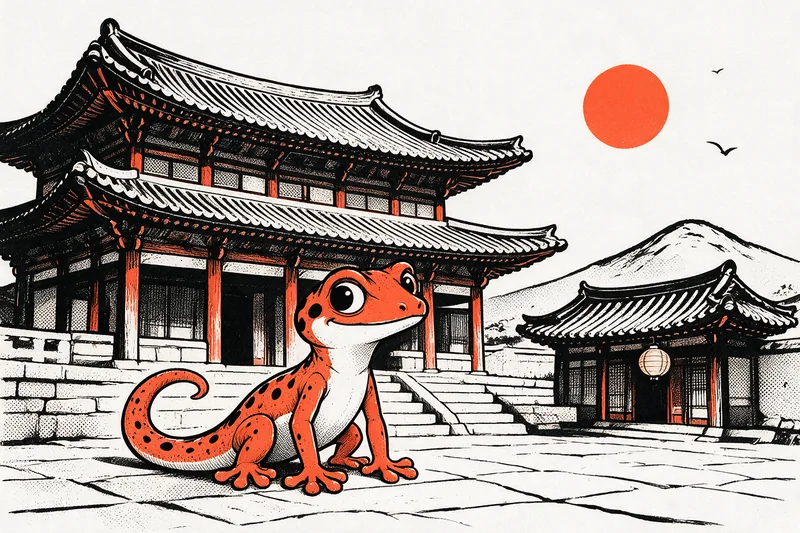 Le Gecko assis sur les larges marches de pierre d’un palais royal coréen aux toits incurvés, un hanok à lanterne de papier à côté, montagnes en crête derrière, sous un soleil orange, dessiné à l’encre noire et orange.