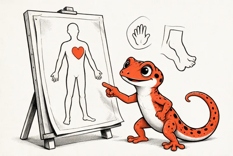 Le Gecko, doigt levé, présente une planche d’anatomie stylisée où brille un cœur orange, avec une main et un pied dessinés en médaillons, à l’encre noire et orange.