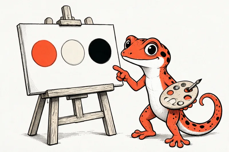 Le Gecko peintre présente un chevalet où trois pastilles orange, ivoire et noire forment un nuancier, palette et pinceau à la main, à l’encre noire et orange.