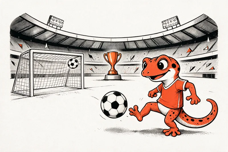 Le Gecko frappe un ballon devant un but, un trophée et un stade, dessinés à l’encre noire et orange.