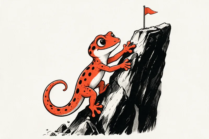 Le Gecko escalade une falaise noire dessinée à l’encre vers un drapeau orange planté au sommet, dans le style noir, orange et ivoire de Refbax.
