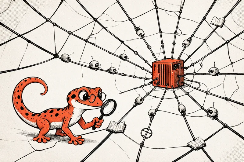 Le gecko observe à la loupe une toile de liens parcourue par de petits robots autour d’un serveur orange, dessinée à l’encre noire et orange.