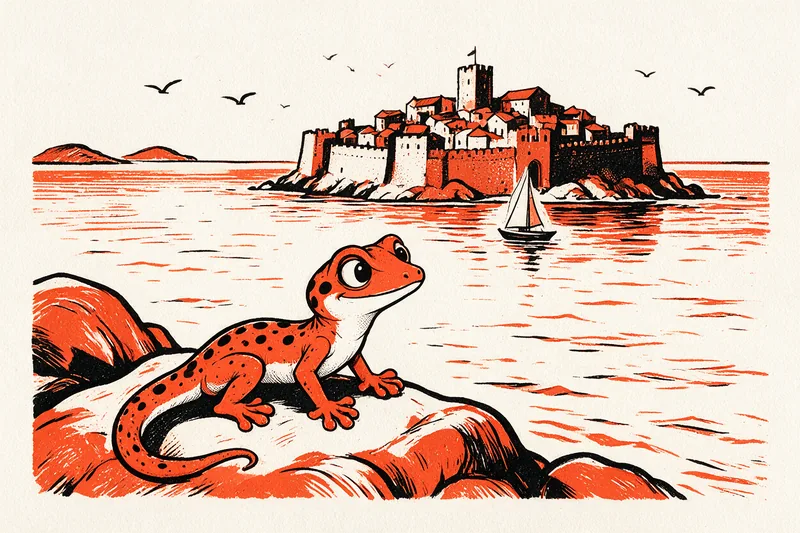 Le Gecko perché sur un rocher au bord de la mer Adriatique regarde une vieille ville aux remparts posée sur son rocher, avec un voilier, deux îles à l'horizon et des mouettes, dessinés à l'encre orange et noire.