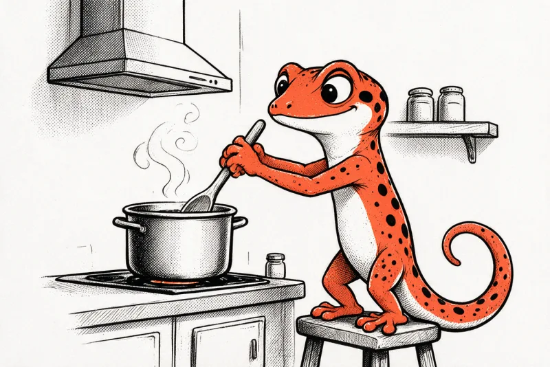 Le Gecko, debout sur un tabouret, remue une marmite fumante sur une cuisinière, entre une hotte, un plan de travail et une étagère de bocaux, dessinés à l’encre noire et orange.