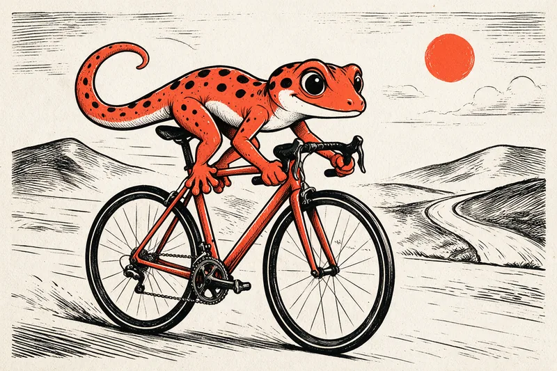 Le Gecko orange tacheté de noir, au ventre ivoire, pédale sur un vélo de route au guidon cintre sur une route de campagne, entre des collines encrées de noir et un soleil orange, dessinés à l'encre noire et orange sur papier ivoire.