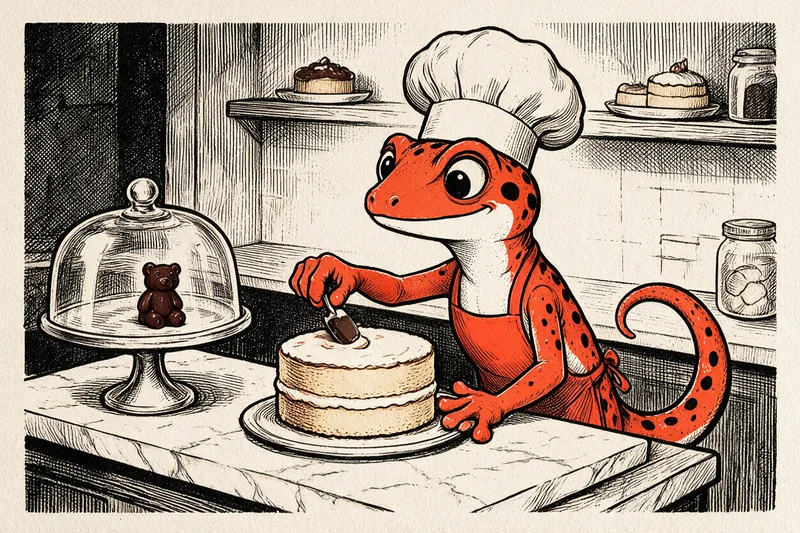 Le gecko chef pâtissier, toque et tablier, dresse un entremets à étages sur son plan de travail, un ourson en chocolat sous cloche à côté, en linogravure noire et orange.