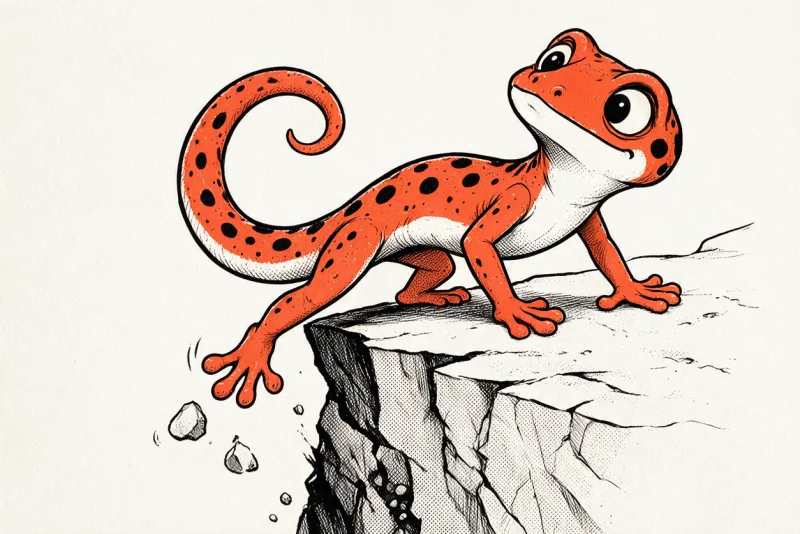 Le Gecko glisse au bord d’une corniche fissurée d’où se détachent des cailloux, dessiné à l’encre noire, orange et ivoire dans le style Refbax.