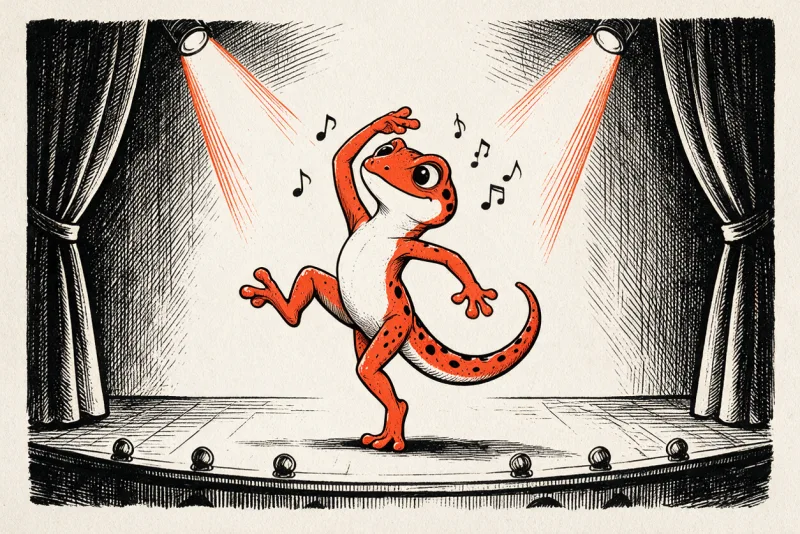 Le Gecko danseur exécute une pirouette en équilibre sur une scène de bal, rideau noir et orange, notes d'encre noire et petits projecteurs.