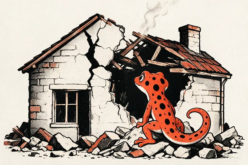 Un gecko orange assis sur un tas de gravats observe une maison à demi écroulée, fissurée du pignon, dessinée à l’encre noire et orange.