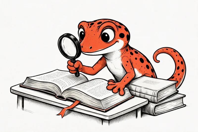 Le Gecko penché sur un gros dictionnaire ouvert tient une loupe ; un second volume fermé laisse pendre un signet orange et deux tomes épais sont empilés à ses côtés, dessin à l'encre noire et orange sur papier ivoire.