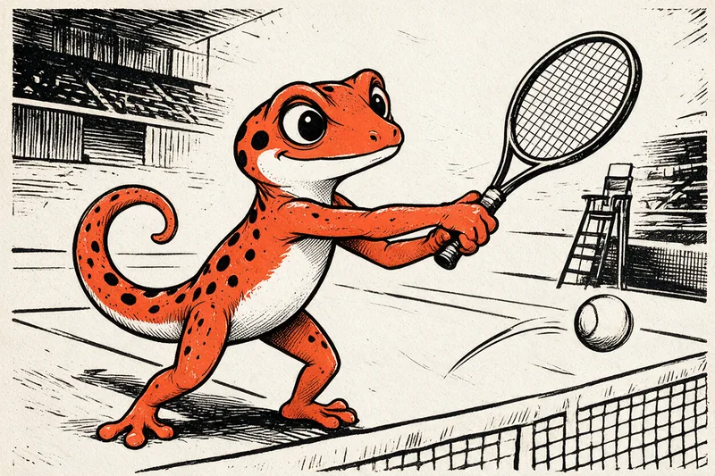 Le Gecko tennisman décoche un revers à deux mains, la balle au-dessus du filet, dans un court dessiné à l’encre noire et orange.
