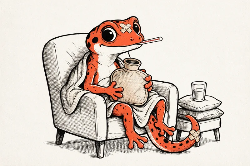 Le Gecko enroulé dans une couverture tient une bouillotte contre lui, un pansement croisé sur le front et un thermomètre à la bouche ; deux coussins et un verre d’eau attendent sur un tabouret, dessin à l’encre noire et orange.