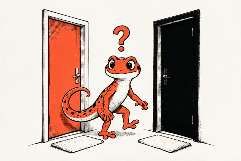 Le Gecko hésite entre deux portes entrouvertes, l'une orange et l'autre noire, un pied levé, un grand point d'interrogation orange au-dessus de sa tête ; dessin à l'encre noire et orange sur papier ivoire.