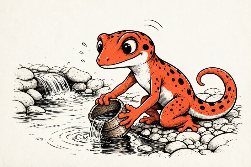 Le Gecko agenouillé sur une berge de galets remplit un seau de bois sous un ruisseau vif ; une petite cascade jaillit entre les pierres derrière lui et des ondulations rondes se propagent, dessin à l'encre noire et orange.