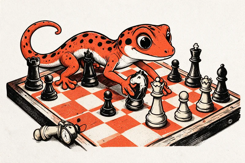 Le Gecko déplace un cavalier sur un échiquier dessiné à l'encre noire et orange, entouré de pièces, d'un roi renversé et d'une pendule d'échecs.