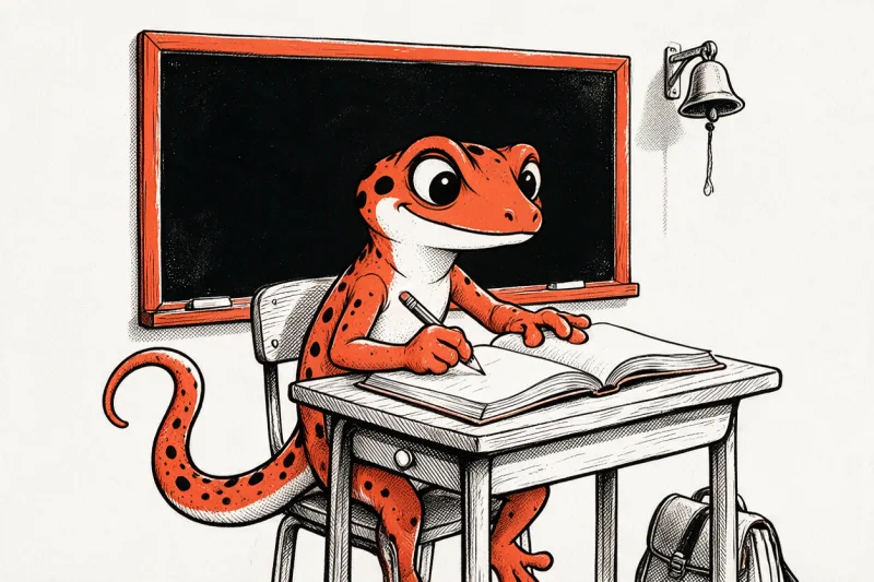 Le Gecko écrit dans un livre ouvert sur un pupitre d’école, devant un tableau noir, une cloche murale et un cartable, dessinés à l’encre noire et orange.