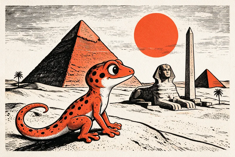 Le Gecko assis sur une dune face aux pyramides, au sphinx et à un obélisque, dessinés à l’encre noire et orange.