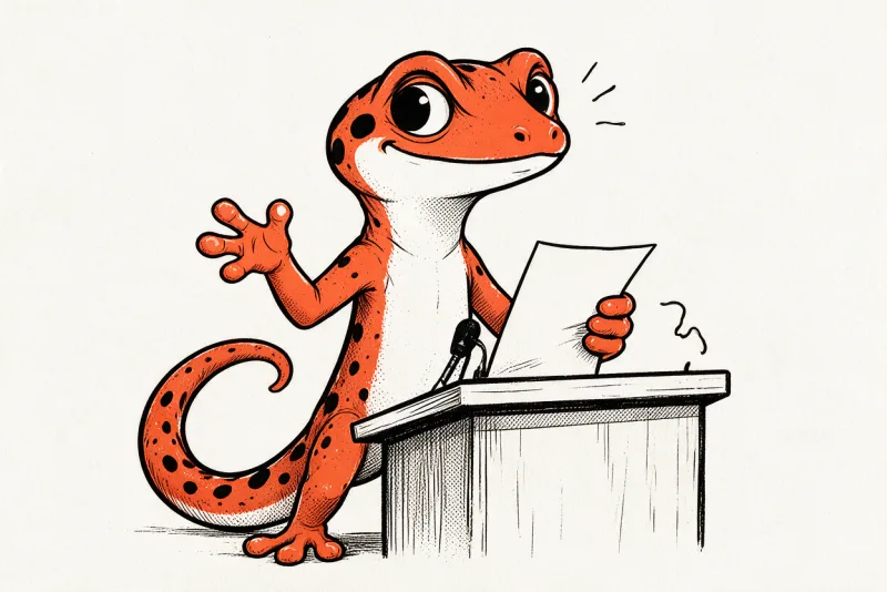 Le Gecko, debout derrière un pupitre de tribune, lit une feuille de discours et lève la main, un micro fixé au pupitre, à l’encre noire et orange.