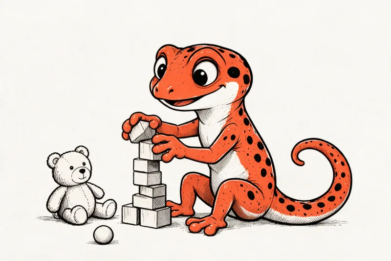 Le Gecko assis comme un enfant empile des cubes en bois, avec un ours en peluche et un ballon à côté, dessinés à l’encre noire et orange.
