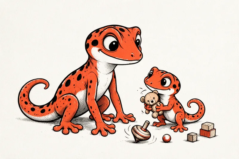 Le gecko adulte penché vers un petit gecko enfant qui serre un ours en peluche, avec une toupie qui tourne, un ballon et des cubes de jeu, dessinés à l’encre noire et orange.