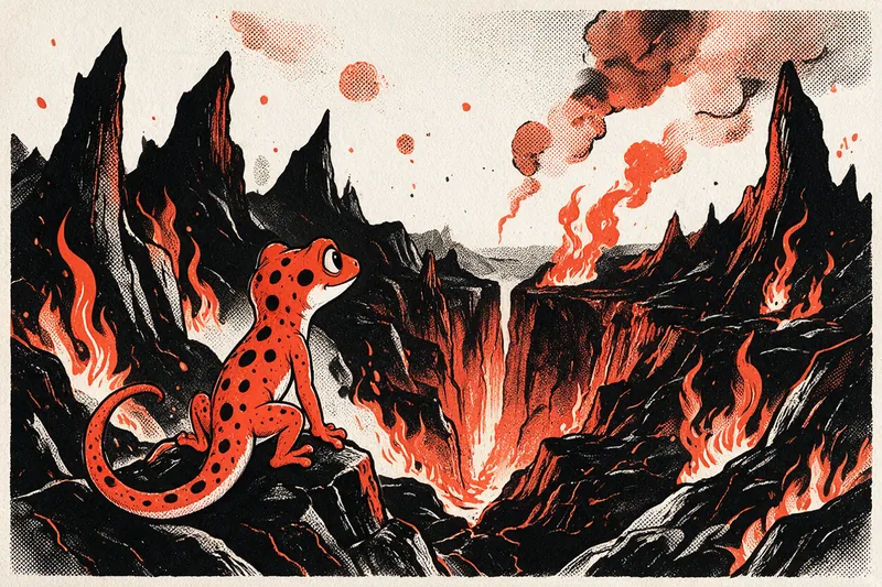 Un gecko orange assis sur un rocher noir contemple un paysage infernal : flammes jaillissant des crevasses, gorge incandescente et panache de fumée, dessinés à l'encre noire et orange.