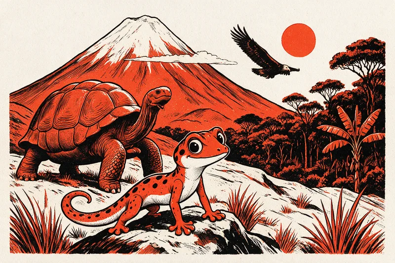 Le Gecko découvre une tortue géante des Galápagos devant le Cotopaxi enneigé, un condor planant près du soleil et la forêt amazonienne, dessinés à l'encre orange et noire.