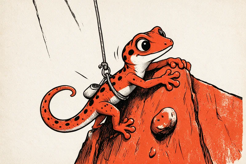 Le Gecko, harnaché à une corde, grimpe l’arête d’un bloc orange constellé de prises, dessiné à l’encre noire et orange sur fond ivoire.