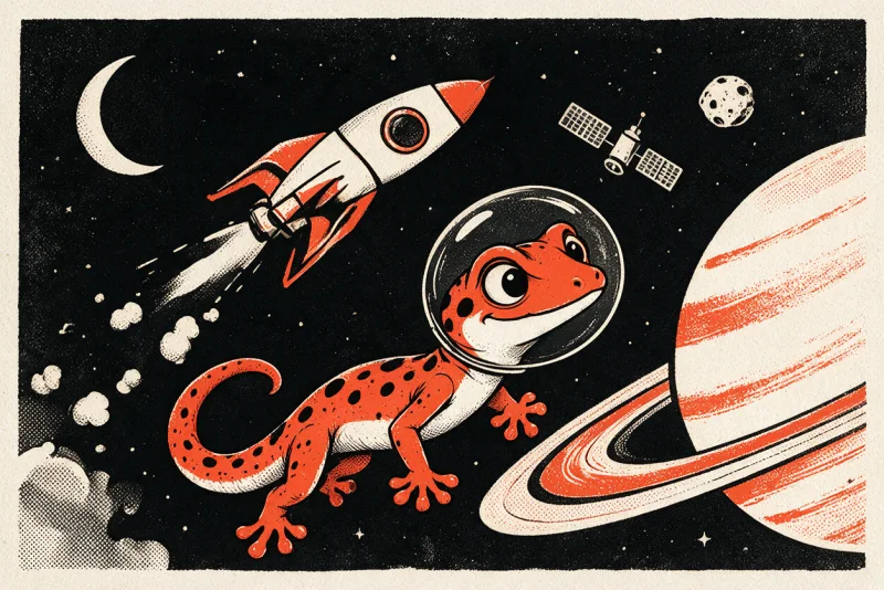 Le Gecko casqué d’astronaute flotte près d’une fusée en plein vol, d’une planète aux anneaux, d’un satellite, d’un astéroïde et d’un croissant de lune, dessinés à l’encre noire et orange.