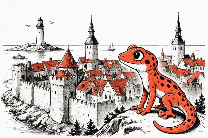 Le Gecko, perché sur un rocher au bord de la mer Baltique, regarde la vieille ville rempartée et son phare, dessinés à l’encre noire et orange.