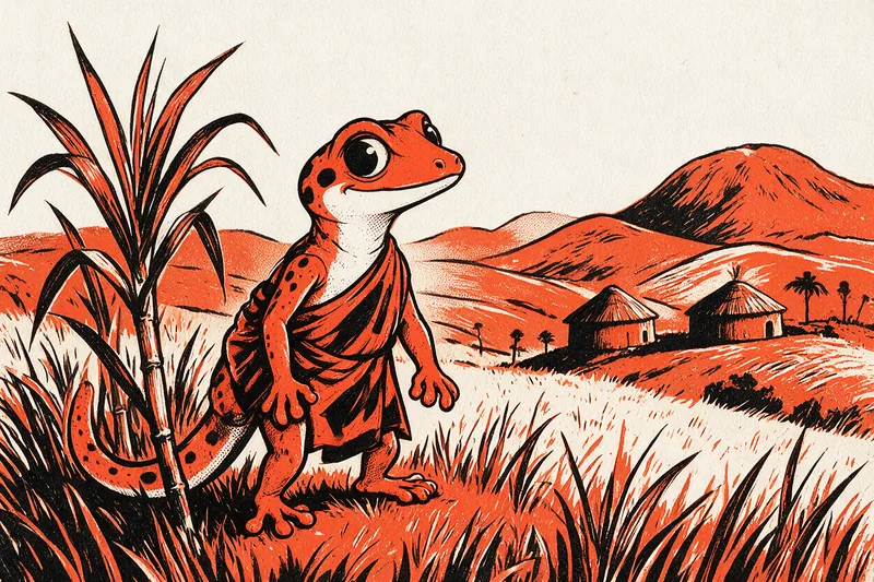 Le Gecko en pagne drapé debout sur une colline du highveld près d'une canne à sucre, les collines hachurées, deux cases rondes à toit conique et la crête des monts Lebombo à l'horizon, dessinés à l'encre orange et noire.
