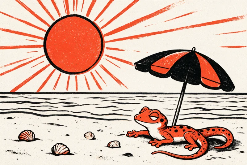 Un gecko orange tacheté allongé sous un parasol rayé au bord de la mer, un grand soleil rayonnant dans le ciel, dessinés à l'encre noire et orange sur papier ivoire.