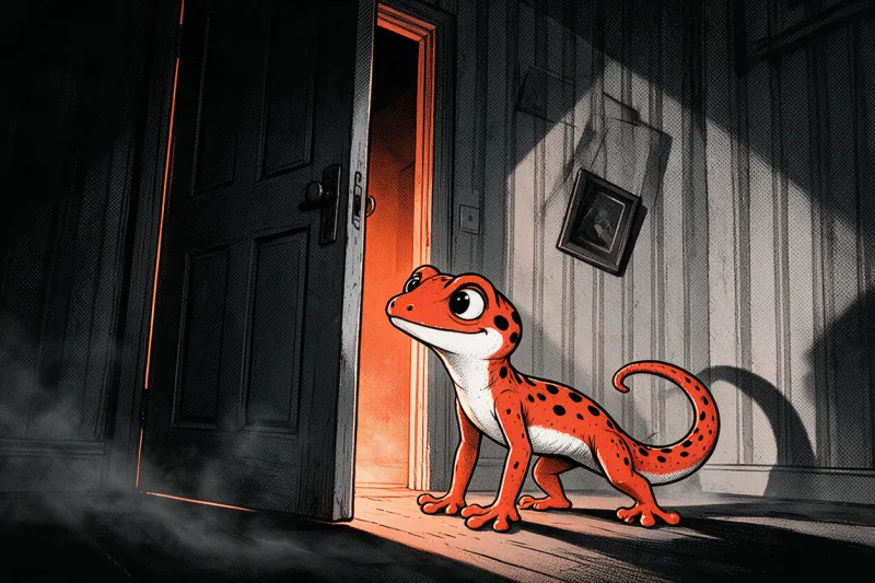 Le Gecko explore une pièce sombre : une porte entrouverte laisse échapper une lueur orange, un cadre penche sur le mur tapissé, un filet de brume traverse le sol, dessinés à l’encre noire et orange.