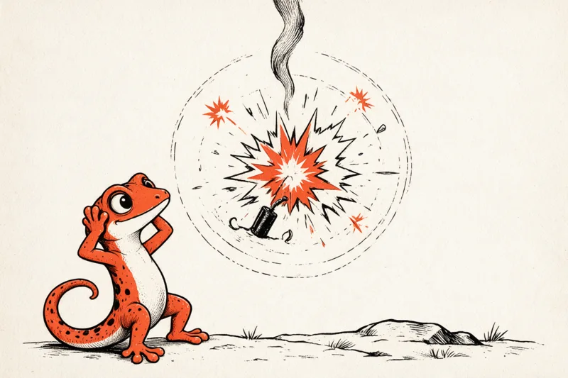 Le Gecko se bouche les oreilles devant un pétard qui détone : étoile orange, anneaux d’onde de choc et débris, dessinés à l’encre noire et orange.